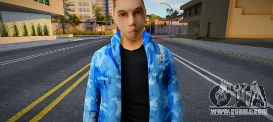 White gangster in a blue winter jacket